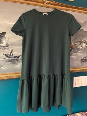 NWOT Zara Forest Green Drop Waist Mini Dress | Ruffle Hem | Size S